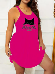 Cat & Slogan Print Tank Sleep Dress