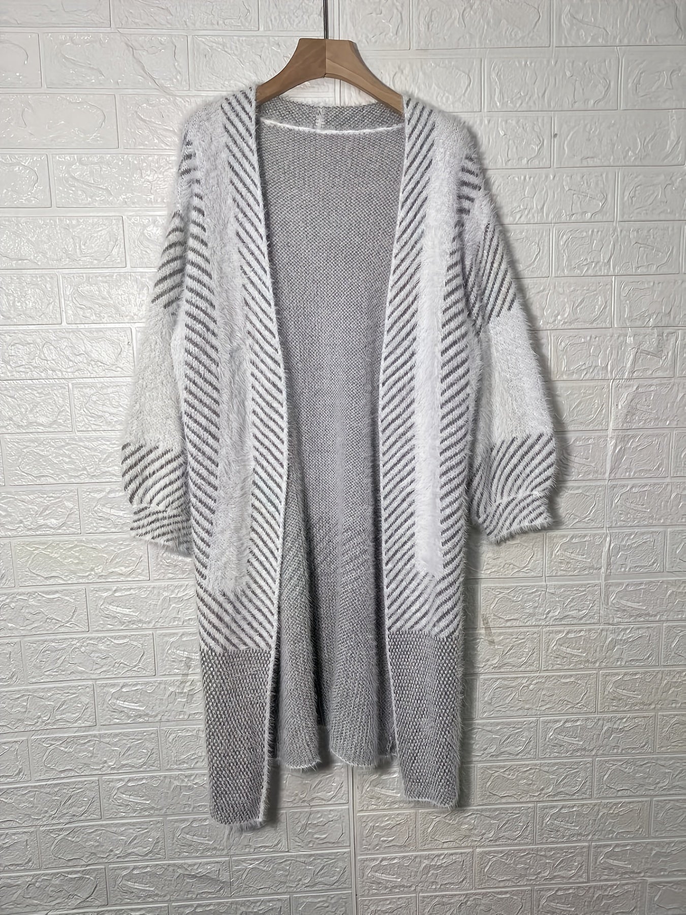Striped Knitted Open Front Cardigan Vintage Long Sleeve Cardigan