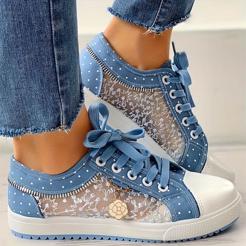 Women's Mesh Embroidery Flat Shoes Lace Up Sneakers
