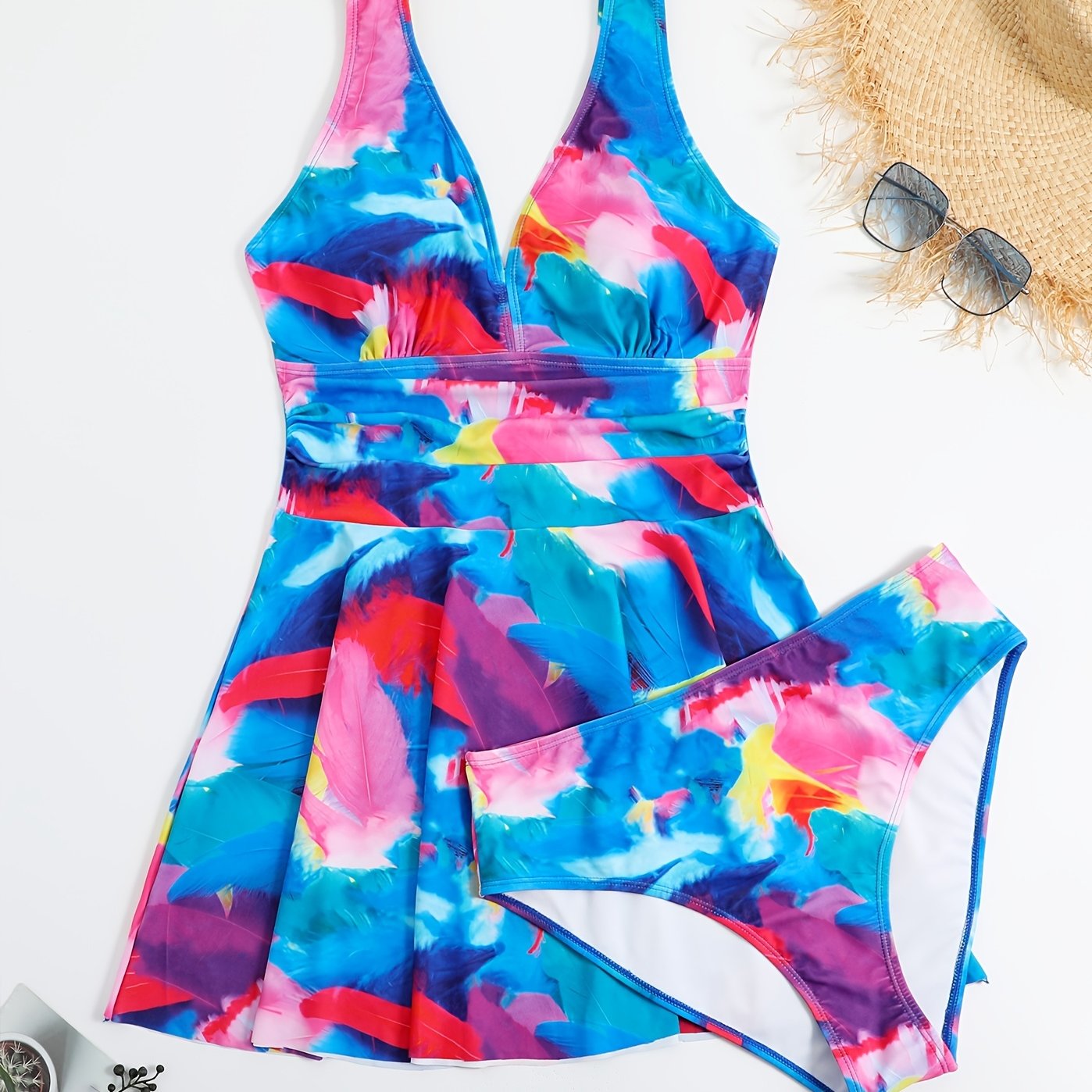 Feather Print Tank Dress & Panty Swimsuit Set 2pcs