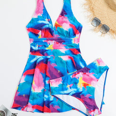 Feather Print Tank Dress & Panty Swimsuit Set 2pcs