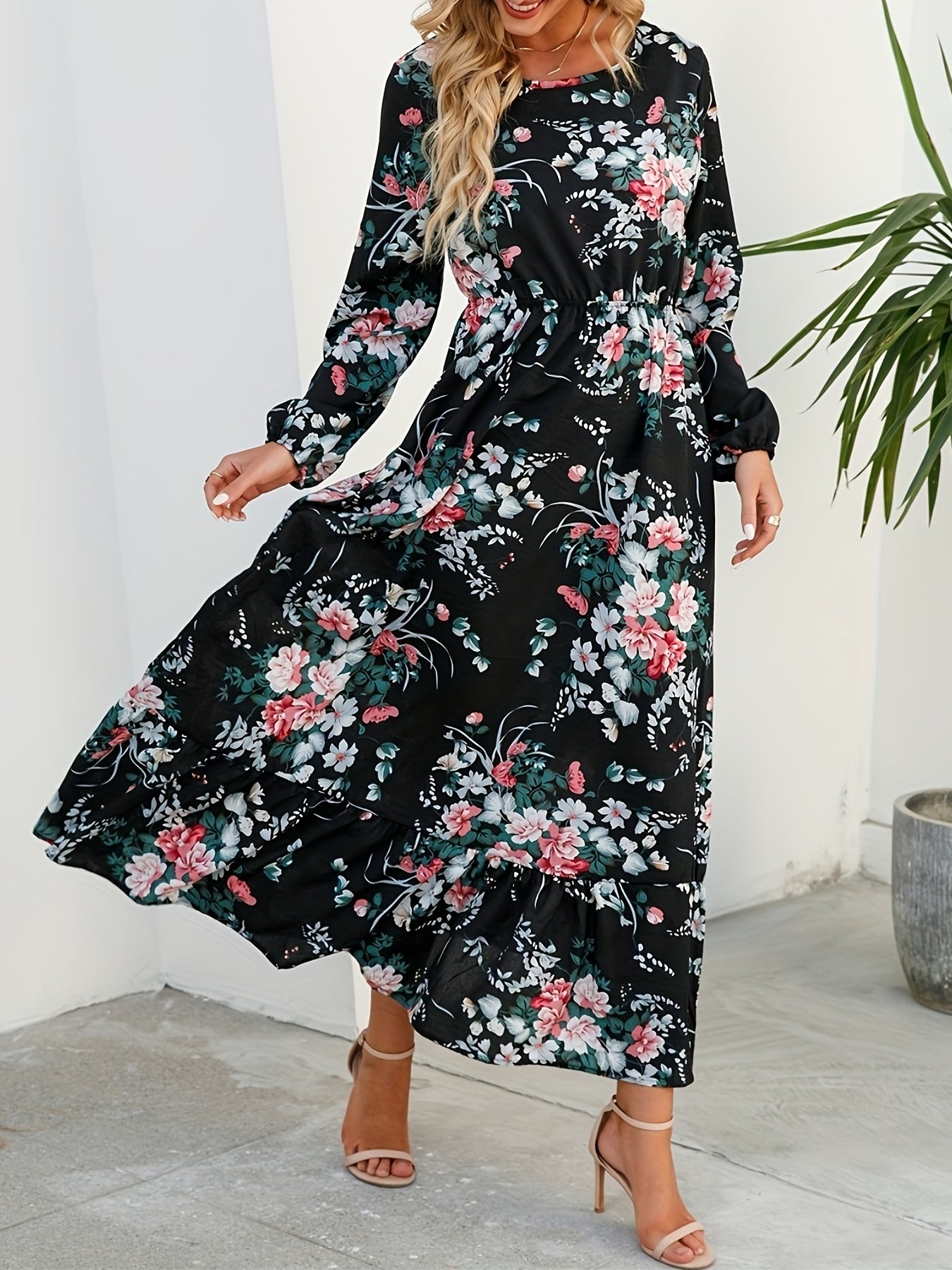 Floral Print Crew Neck Dress Long Sleeve for Spring & Fall