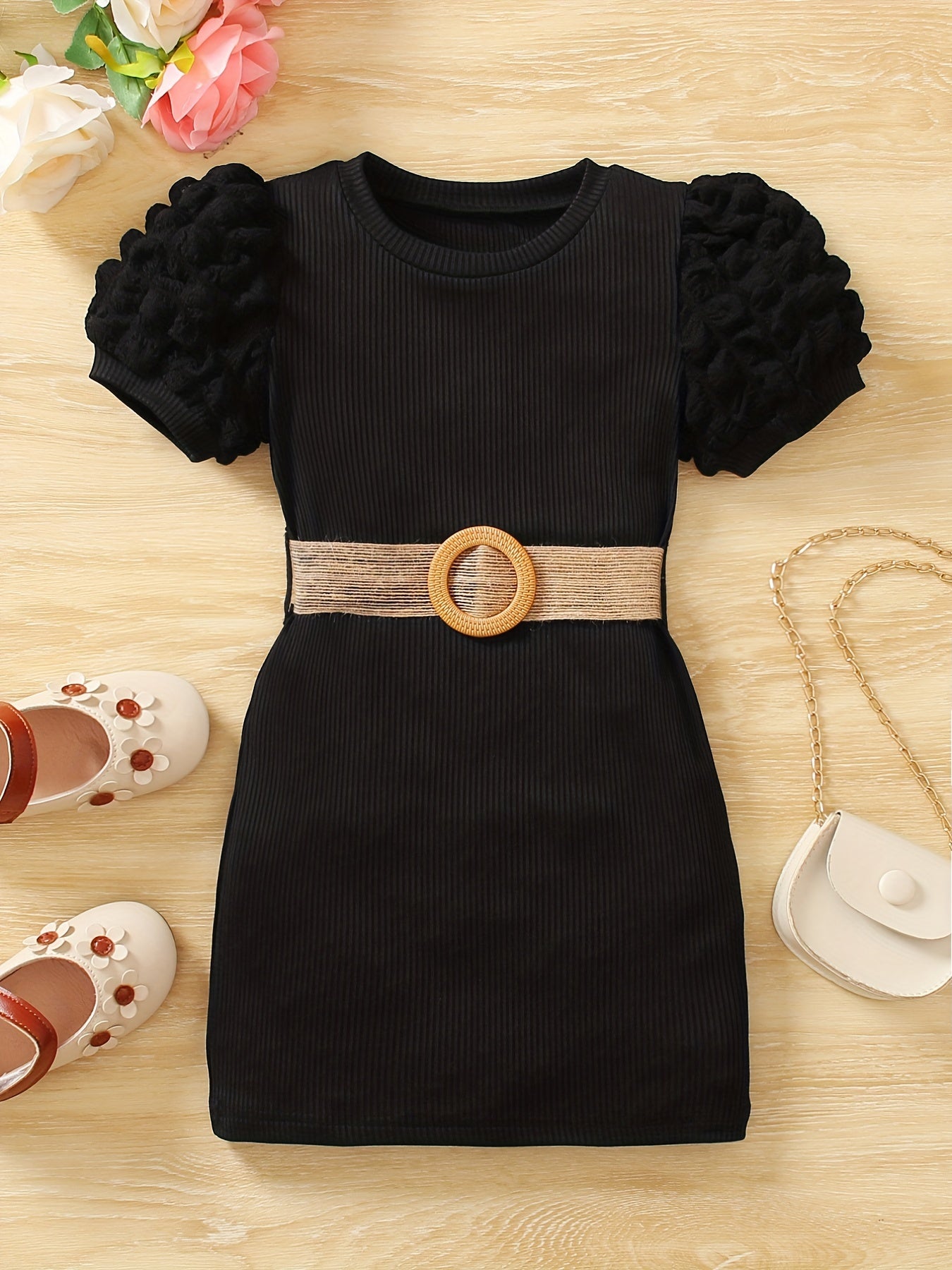 Toddler Girls Puff Sleeve Ribbed Knit Dress for Party