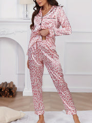 Leopard Print Pajama Set Long Sleeve Top & Pants Women's Sleepwear