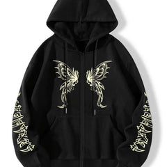 Butterfly Graphic Hooded Sports Sweatshirt Zipper Up Long Sleeve Hoodie