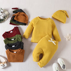 Baby 3pcs Set Ribbed Knitted Tops & Long Pants & Cap Cotton Clothes