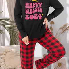 Women's Plus Size Graphic Long Sleeve Tee & Plaid Pants Lounge Set