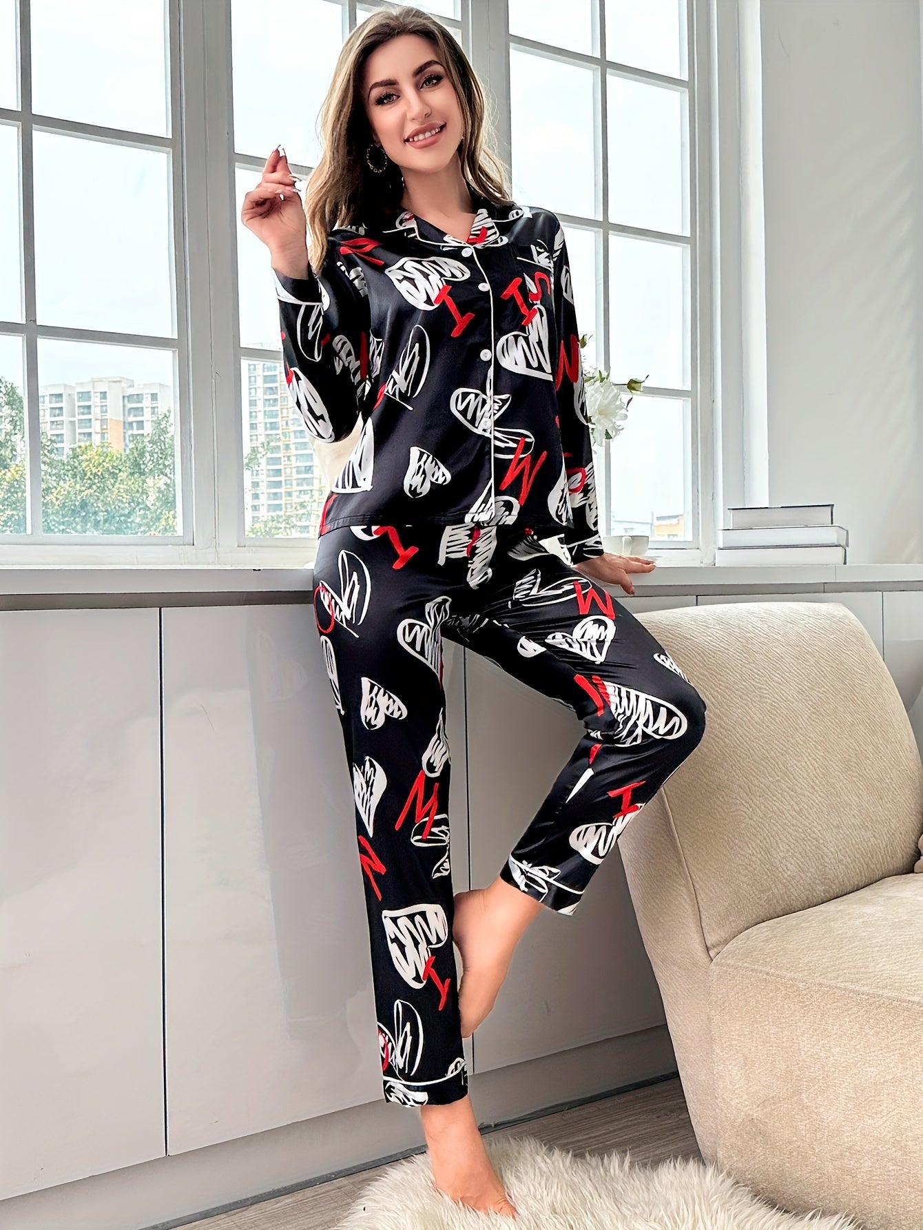 Heart Print Pajama Set Long Sleeve Top & Pants Women's