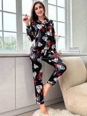 Heart Print Pajama Set Long Sleeve Top & Pants Women's