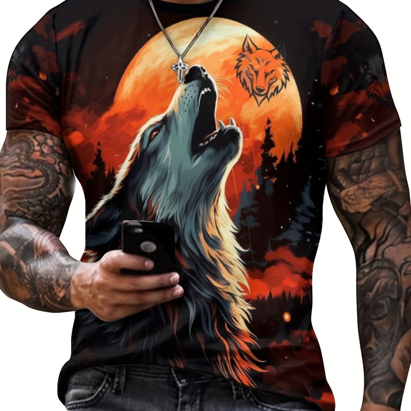 Men's Wolf & Red Moon Graphic T shirt Active Stretch Breathable 3D Print