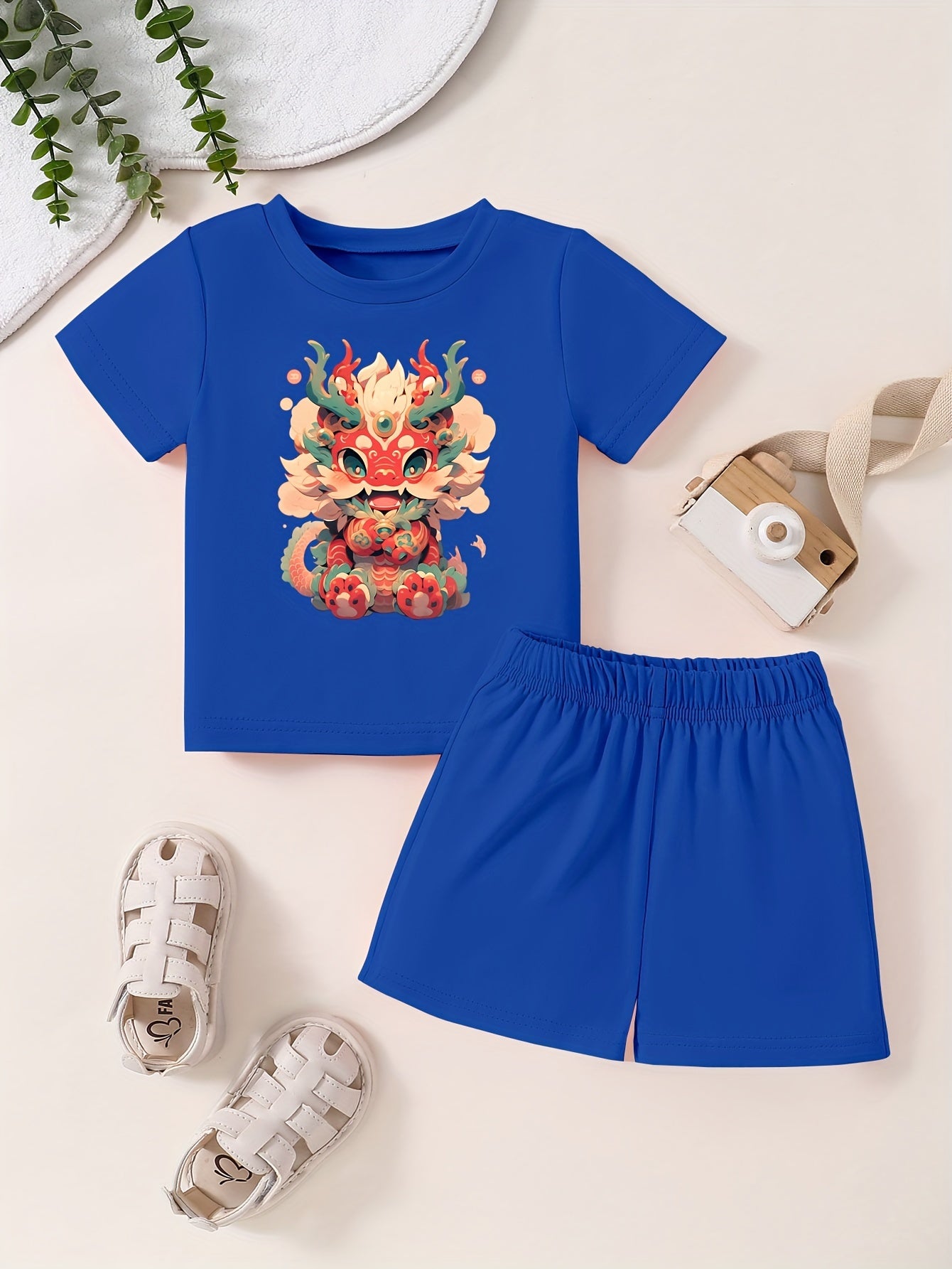 Toddler Kid Lucky Dragon Pattern T-shirt & Shorts Summer Set