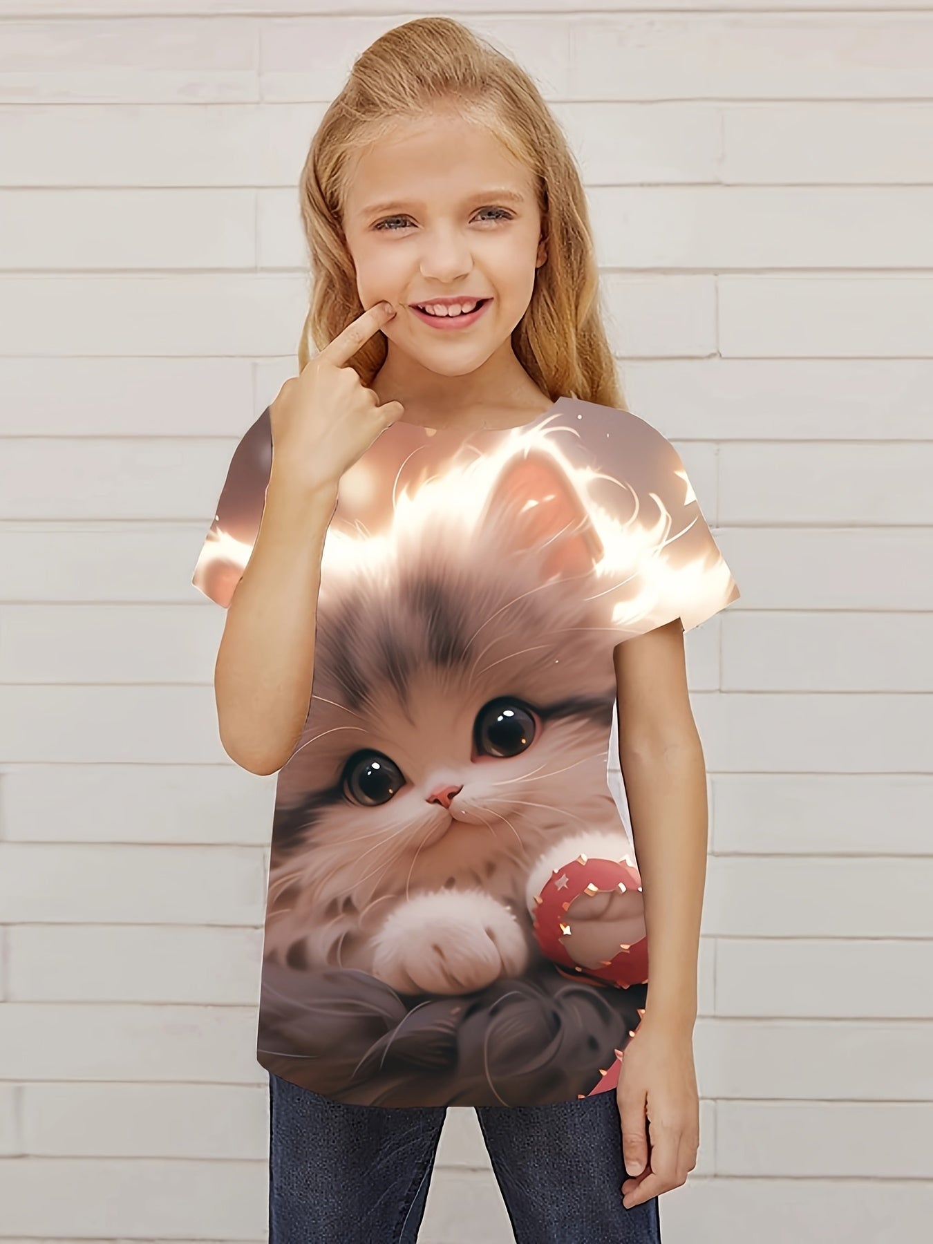 Lovely 3D Cat Graphic Short Sleeve Tshirt for Girls