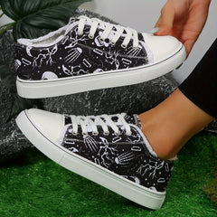 Halloween Skull Print Flat Shoes Women's Casual Lace Up Low Top