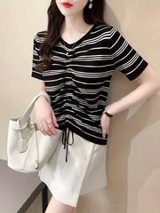 Striped Print Drawstring Knit Sweater Casual Short Sleeve Sweater