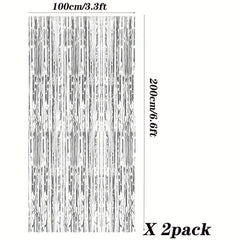 2 Pack Silvery Tinsel Curtain Party Backdrop Metallic Foil Fringe Door Fringe