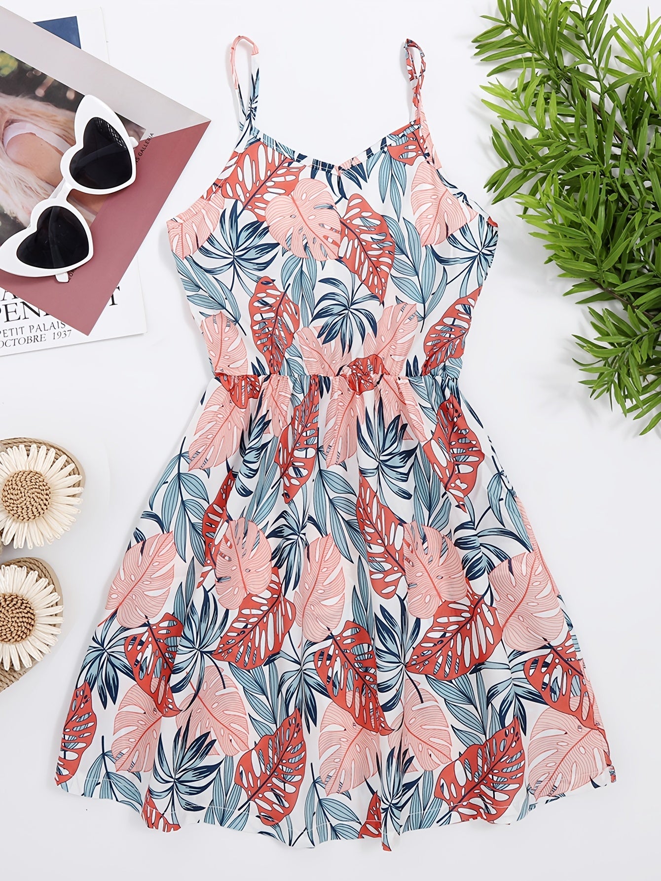 Girls Tropical Leaves V-neck Cami Dress for Party Holiday