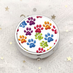 Colorful Dog Paw Print Round Pill Box Medicine Vitamin Organizer