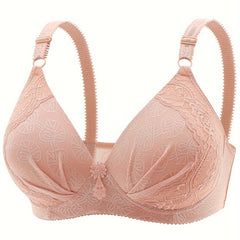 Plus Size Leaf Print Lace Applique Wireless Bra