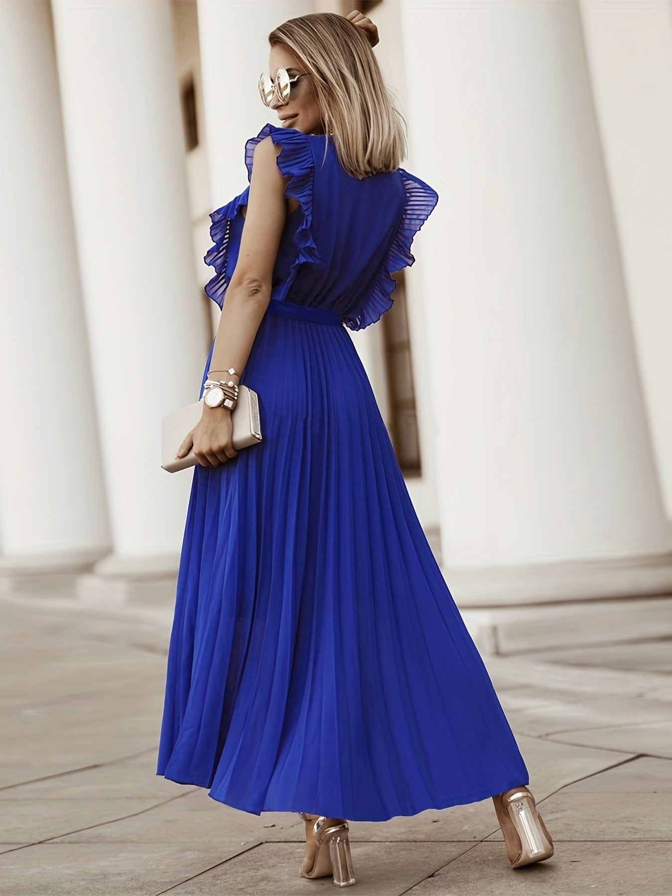 V Neck Pleated Ruffle Maxi Party Dress
