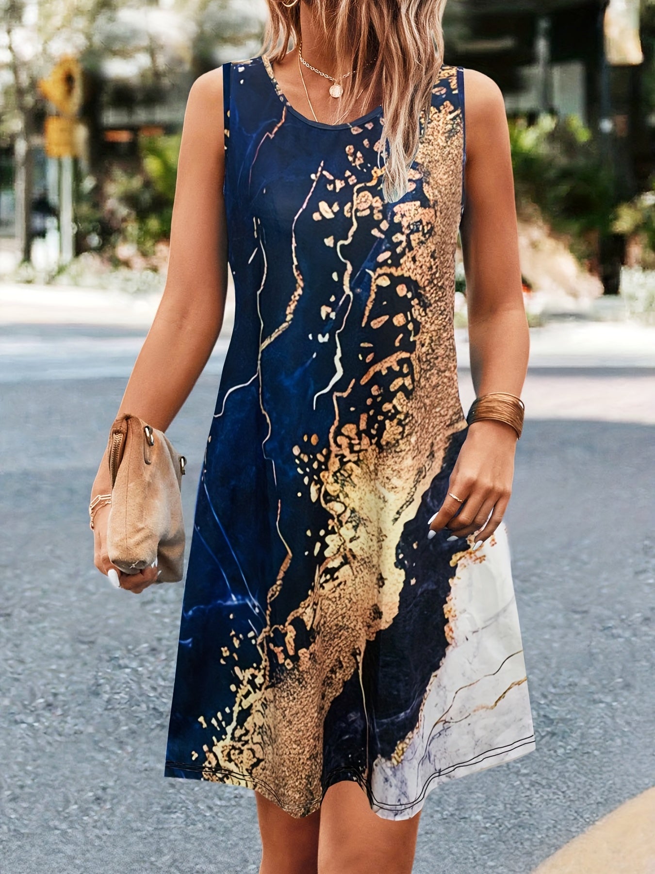 Marble Print Sleeveless Tank Dress for Women