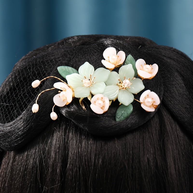 Jade Flower Hair Pins Girls Hair Stick Retro Chignon Pin Hair Accessories Green