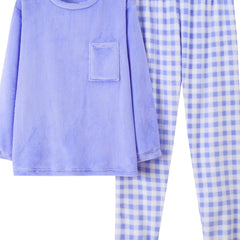 Gingham Flannel Pajama Set Women's Round Neck Sleepwear