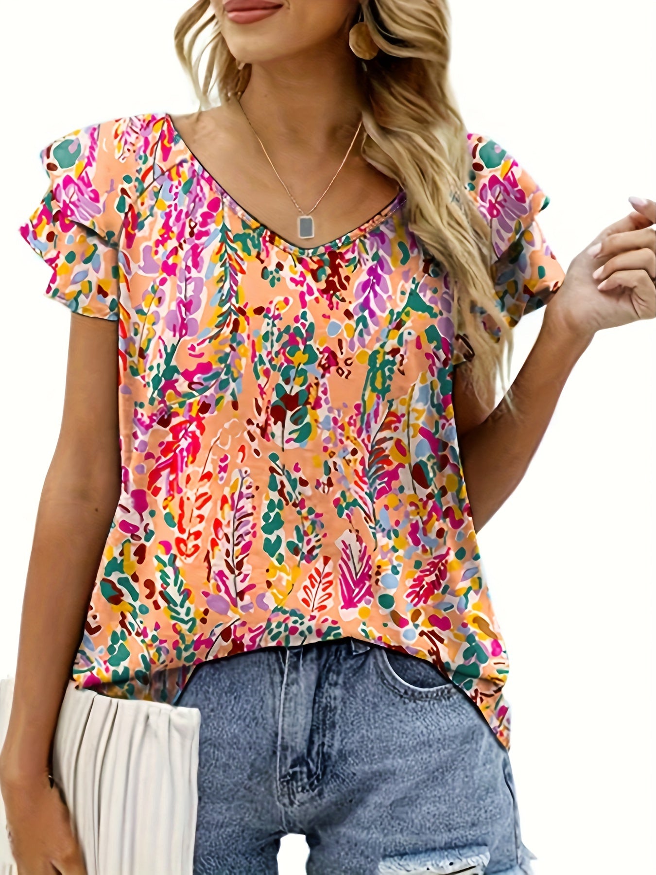 Casual Blouse Women's Plus Allover Print Layered Cap Sleeve V Neck Top
