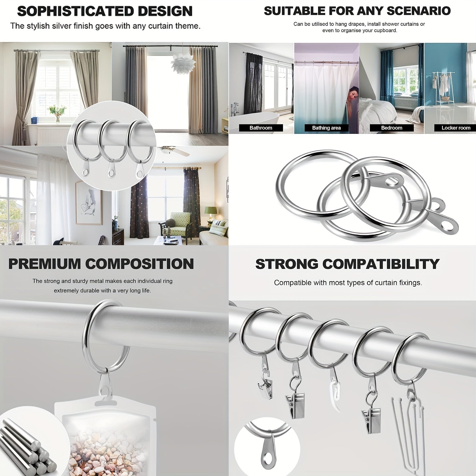 Plastic & Metal Shower Rings for Curtain Bathroom Shower (50pcs)