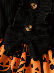 Girls Pumpkin Print Frill Trim Dress For Halloween Party