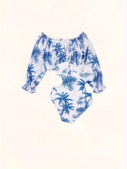 2pcs Girls Coconut Tree Graphic Swimwear Set Bathing Suit