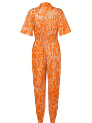 Plunging V Neck Drawstring Jumpsuit Sexy Short Sleeve Summer Women's Clothing