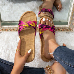 Women's Linen Cross Band Slides Open Toe Non Slip Flat Shoes