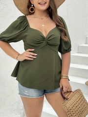 Solid Twist Front Puff Sleeve Ruffle Peplum Blouse