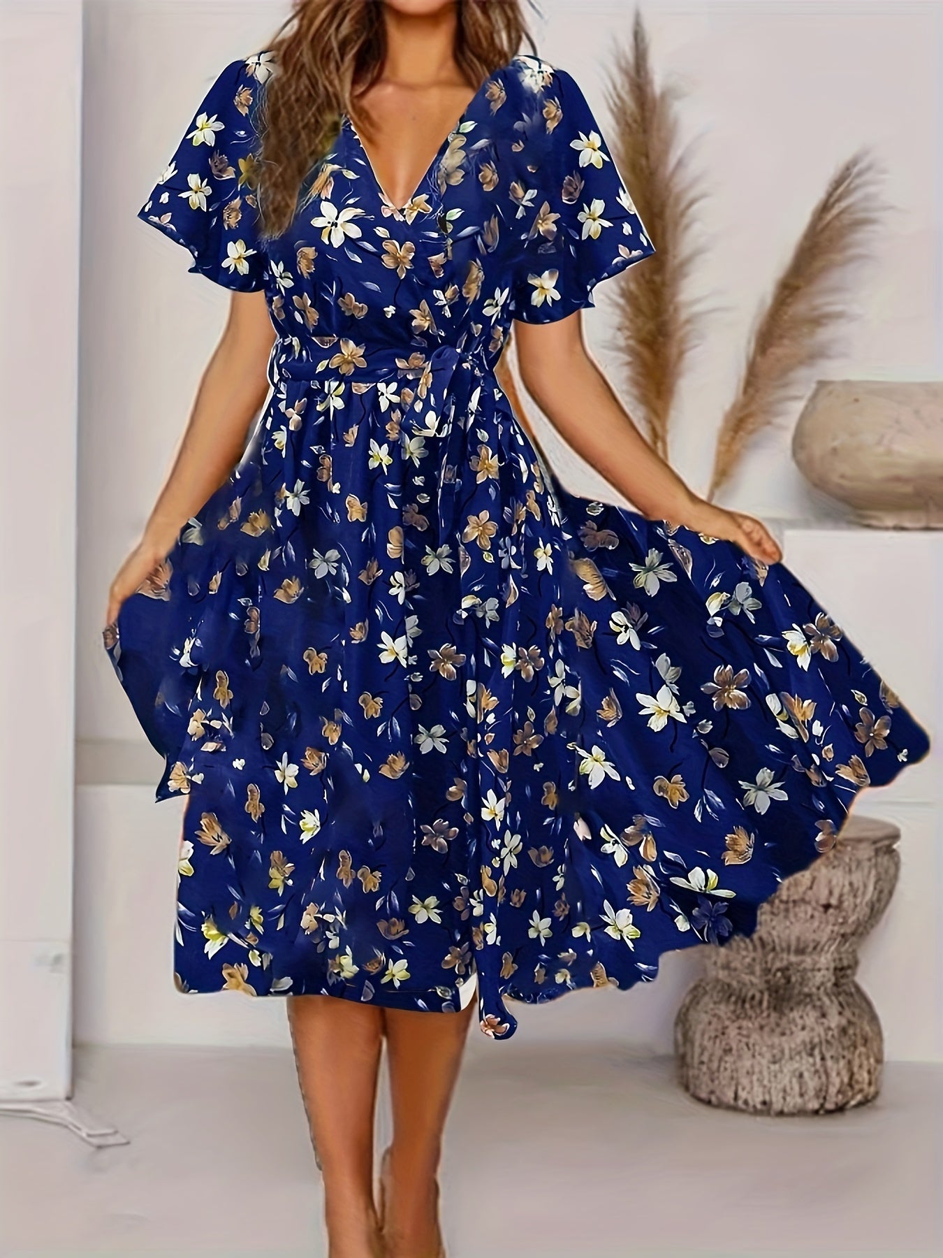 Floral Print V Neck Dress Knot Pleated Short Sleeve Dress