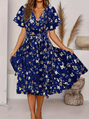 Floral Print V Neck Dress Knot Pleated Short Sleeve Dress