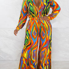 Sexy Jumpsuit Women's Plus Print Long Sleeve Turn Down Collar Jumpsuit