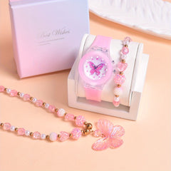 3pcs Set Girls Butterfly Quartz Watch LED Flashing Luminous Wristwatches