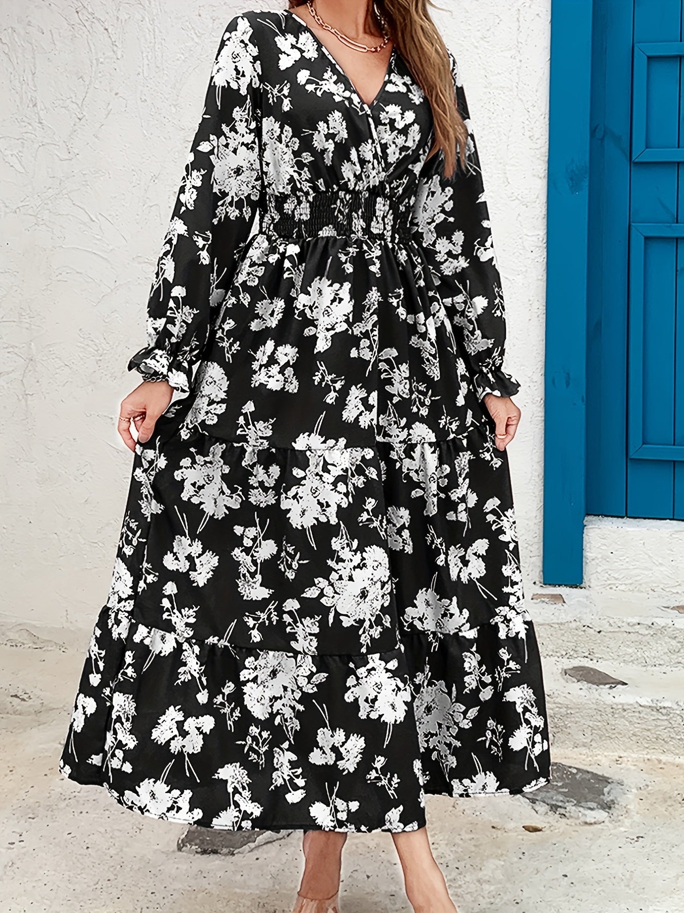 Floral Shirred Waist Maxi Dress Surplice Neck Lantern Sleeve