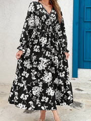 Floral Shirred Waist Maxi Dress Surplice Neck Lantern Sleeve