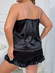 Contrast Trim Satin Cami Top & Ruffle Shorts Set