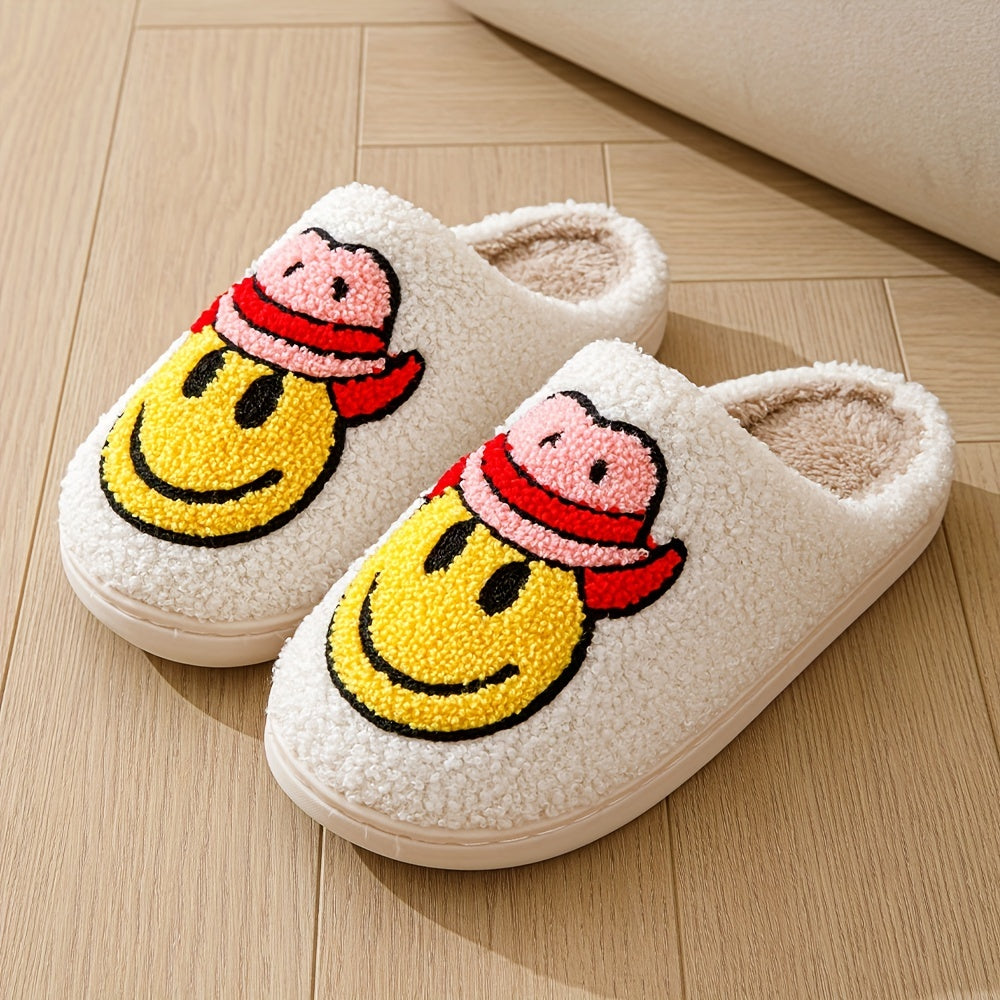 Women's Smile Face Printed Slippers Slip On Round Toe Non slip Home Fluffy Flat