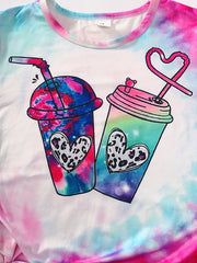Girls' Pink Tie Dye Shorts Suit Drinks Pattern Short Sleeve T Shirt & Shorts Set