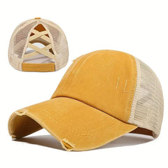 Classic Ponytail Trucker Hat Washed Distressed Mesh Baseball Cap Vintage Ripped