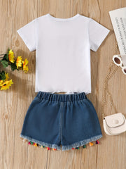 Girls Sunflower & Letter Graphic T-shirt & Denim Shorts Set
