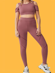 Seamless High Waist Yoga Leggings & Sports Cropped T Shirt Set