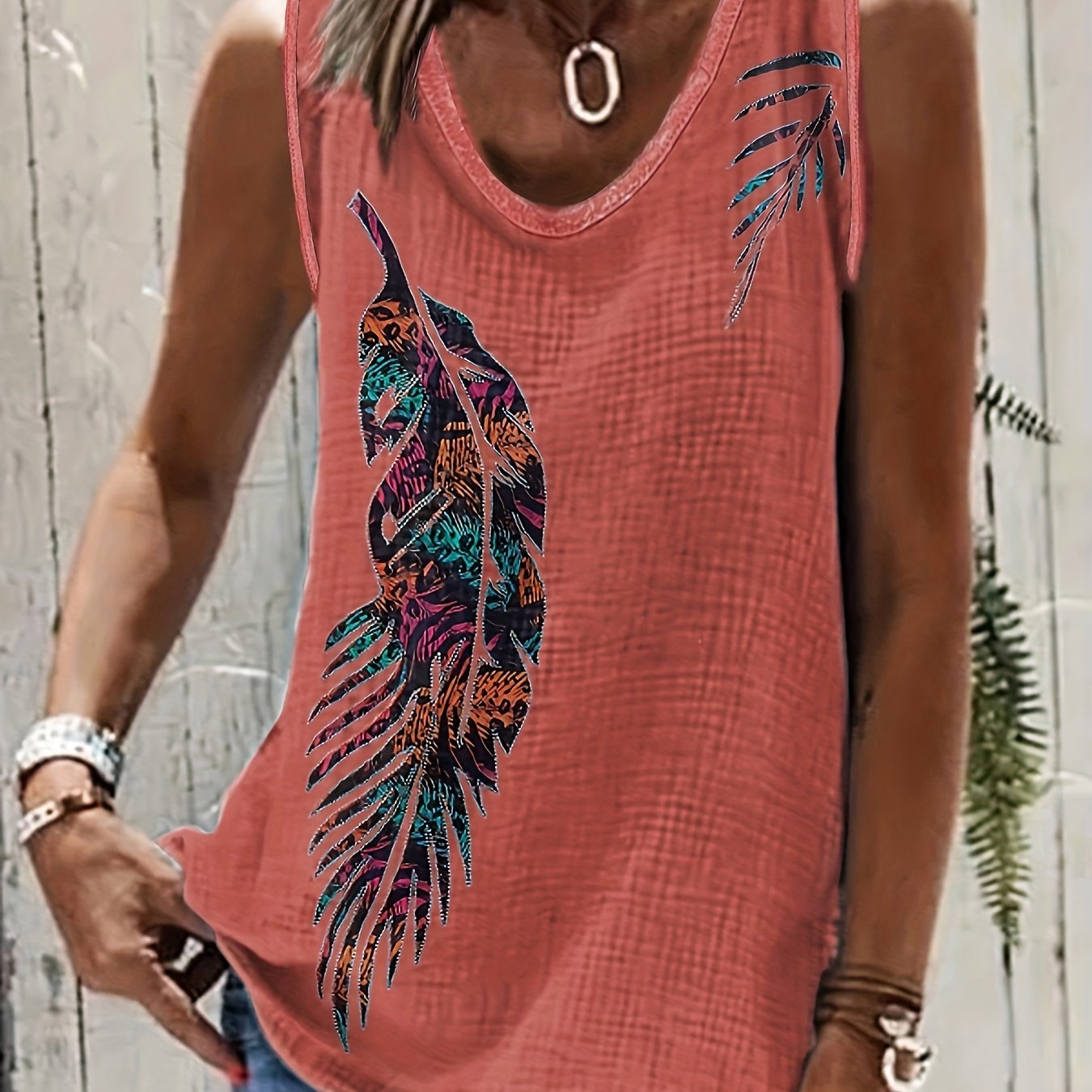 Western Feather Print Tank Top Sleeveless Crew Neck Casual Tops