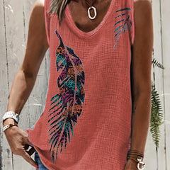 Western Feather Print Tank Top Sleeveless Crew Neck Casual Tops