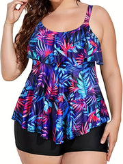 Floral Print Cami Top & Solid Shorts Swimsuit Set