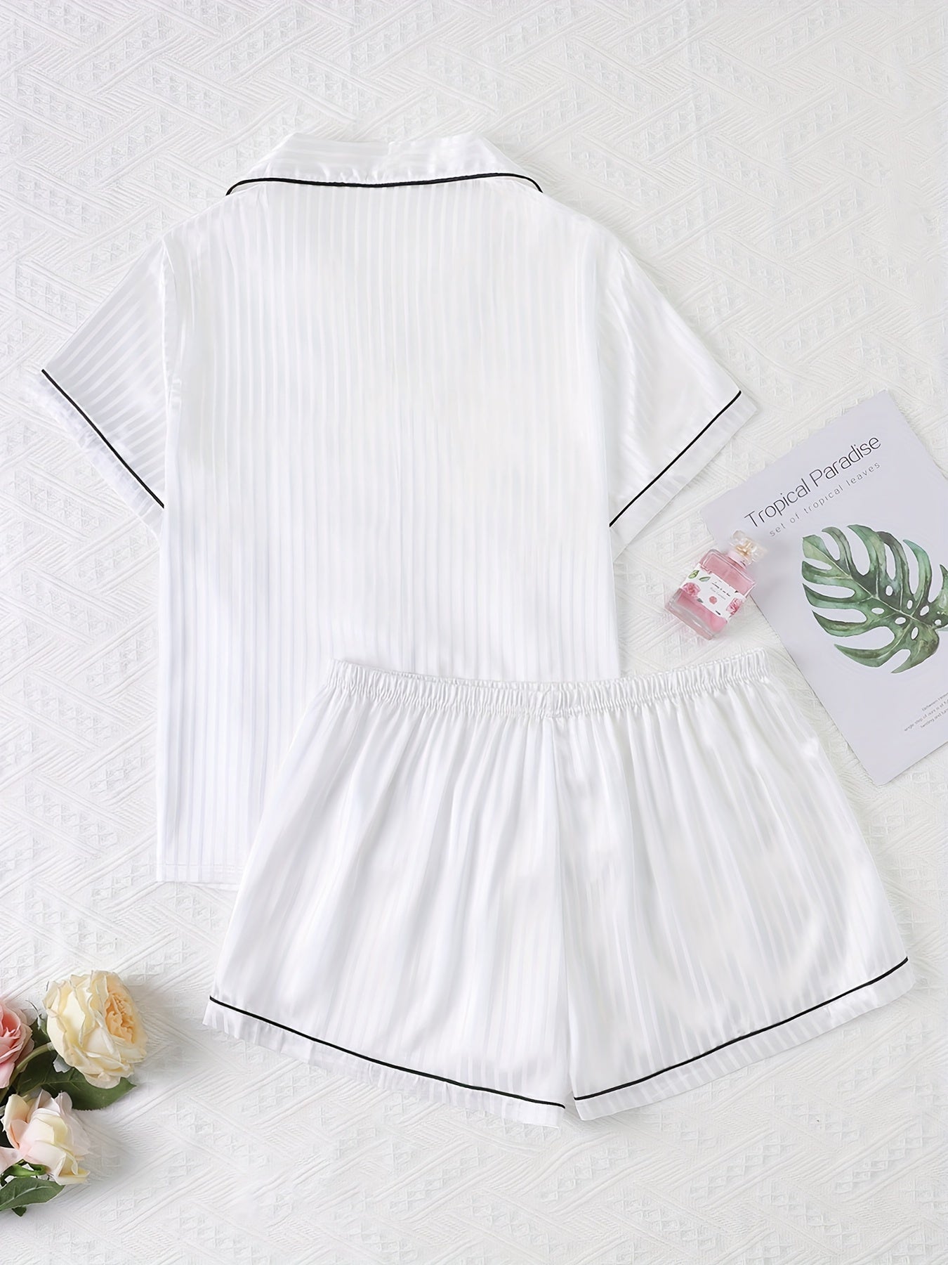 Heart Embroidered Pajama Set - Button Up Shirt & Shorts Loungewear