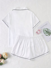 Heart Embroidered Pajama Set - Button Up Shirt & Shorts Loungewear